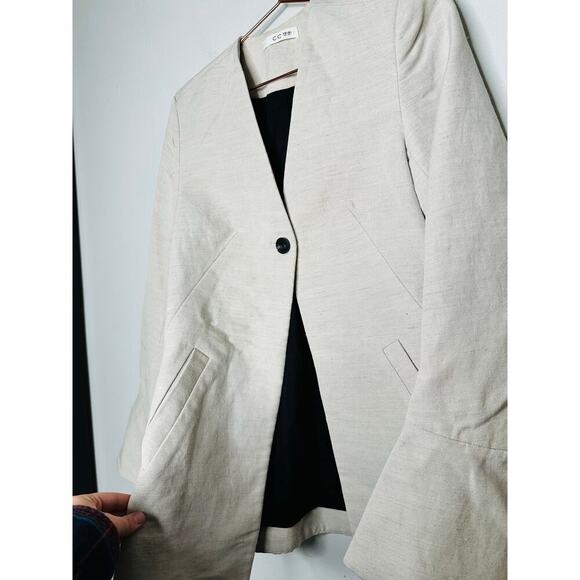 Co Beige Wool Hemp Blend Peplum Bell Sleeves One Button Blazer Jacket Size Small - Picture 11 of 15